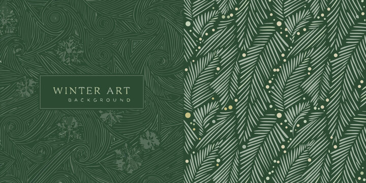 watercolor pine branch and swirl pattern in teal and gray tones winter art background