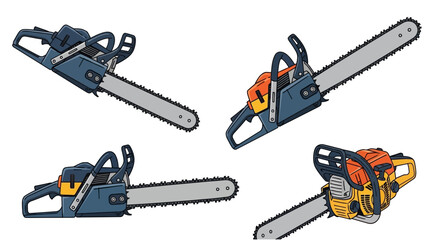 Naklejka premium Set of Four Chainsaws, Wood Cutting Tools, Outdoor Equipment, Vector Illustration