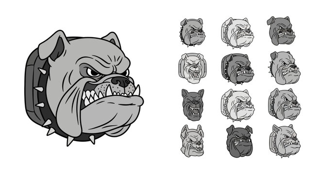 Set of Grumpy Bulldog Mascot Logos in Grayscale