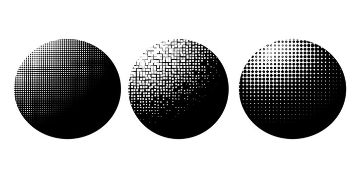 Different shaded halftone dotted spheres isolated on white background, dots and square halftone shaded geometry objects