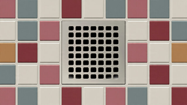Close-up of tiled wall with a black square drain cover in red, gray, beige colors for plumbing or renovation themes