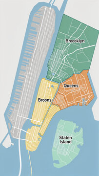 Colorful map of New York City boroughs showing Brooklyn Queens Bronx Staten Island
