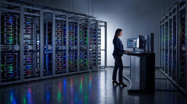 Astrophysics GPU computing cluster with rows of graphics processing cards mounted in open-frame racks, multicolored data-throughput LED indi 2