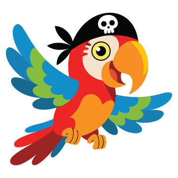 Cartoon pirates parrot in vector illustration style with playful pirate theme. Ideal for treasure hunt posters, kids artwork and fantasy adventures.