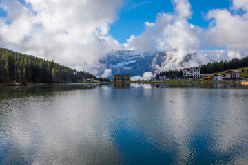 Fototapeta premium Lake Misurina is the largest natural lake in the Cadore region. It is located near Auronzo di Cadore, at an altitude of 1,754 m above sea level.