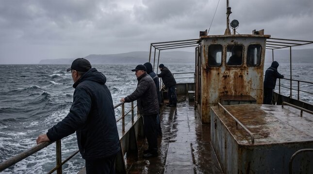 Fishermen standing on the deck of a weathered boat looking at the rough sea. Crew members working on the ocean during overcast weather