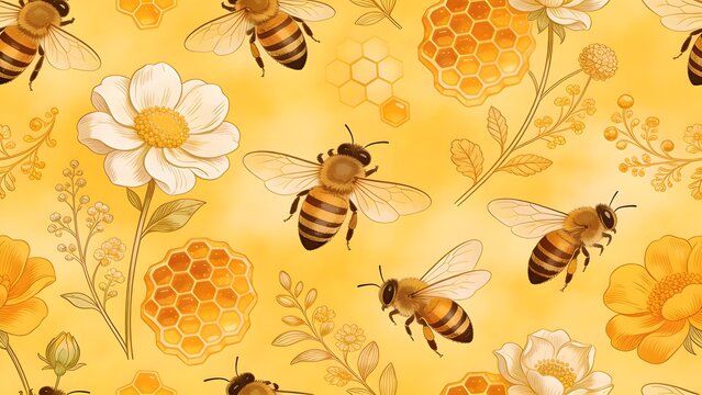 Seamless pattern of bees and flowers on a yellow background, watercolor style, intricate details, whimsical, nature-themed, floral and insect motifs, repeating design, soft and warm colors, botanical 