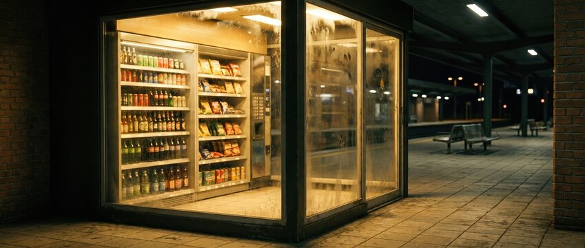 Illuminated glass vending machine stocked with beverage and snack standing on a dark city street at night near brick wall and bench. banner format