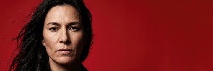 Fototapeta premium Intense portrait of a serious woman with dark hair against a vibrant red background with copy space banner format