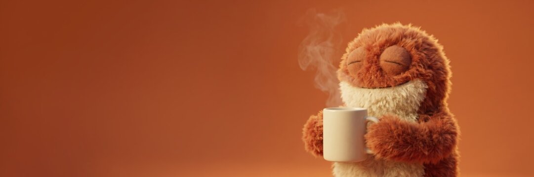 Fluffy orange creature enjoying a steaming cup of coffee or tea with eyes closed in contentment banner format