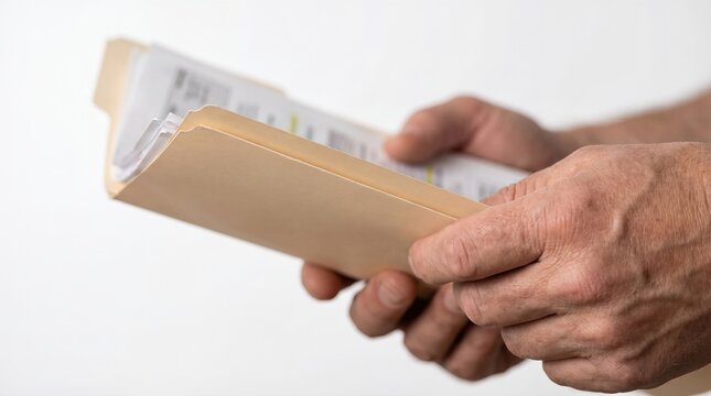 Hands holding a manila folder filled with important documents and legal papers