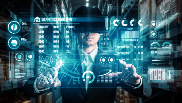 Future virtual reality technology for innovative VR warehouse management . Concept of smart technology for industrial revolution and automated logistic control .