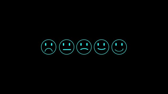 Customer satisfaction survey rating scale with glowing neon emoticons