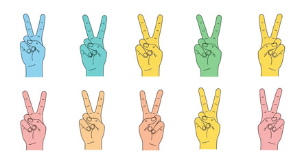 Fototapeta premium Colorful Hands Gesturing Peace Sign V Symbol, Diverse Colors, Vector Illustration