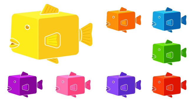 Colorful Cube Fish Characters Set, Cute Cartoon Aquatic Animals Collection