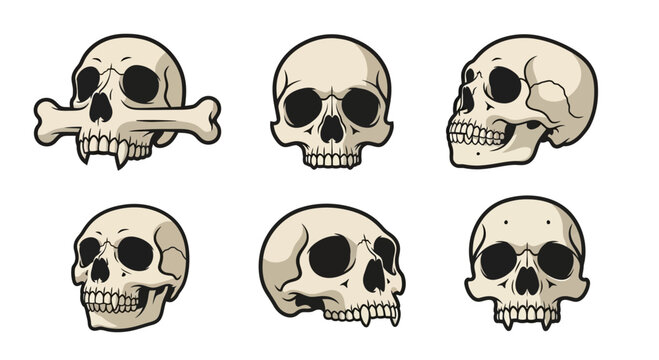 Collection of Six Human Skulls, Various Angles and Styles, Pixel Art