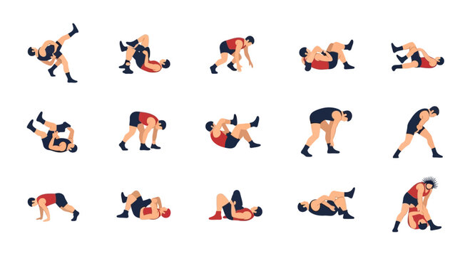 Set of Wrestling Athlete Figures in Various Dynamic Positions
