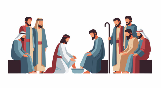 Figures in robes perform ritual foot washing, a symbol of humility
