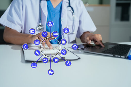 Doctor working in hospital use calculator, Healthcare and medical concept.