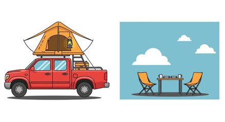 Fototapeta premium Red Pickup Truck with Rooftop Tent and Camping Chairs, Outdoor Adventure Gear