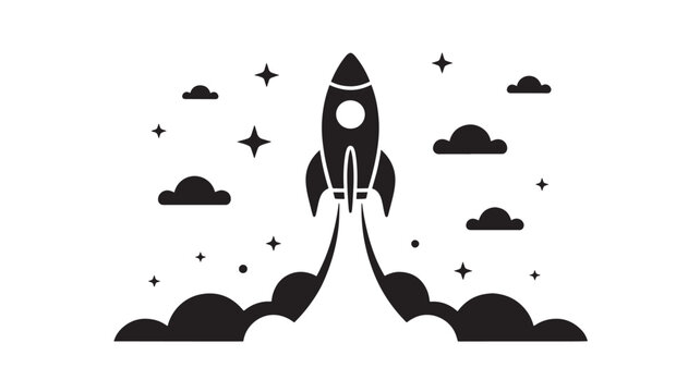 Black silhouette of a rocket ship launching into the sky with clouds and stars