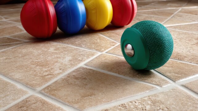 A green ball with a silver button sits on a tiled floor.
