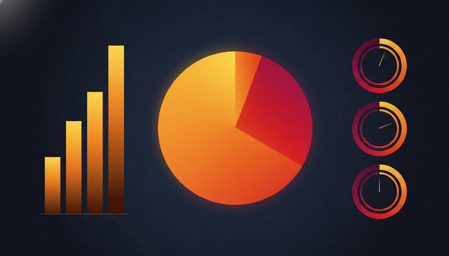 Abstract orange and red gradient charts, including a bar graph, pie chart, and circular progress indicators, symbolizing data, analysis, and progress on a dark background
