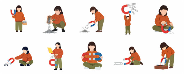 Fototapeta premium Little Girl Experimenting with Magnets and Paperclips, Children Science Education and STEM Learning Concept Vector Illustrations Set