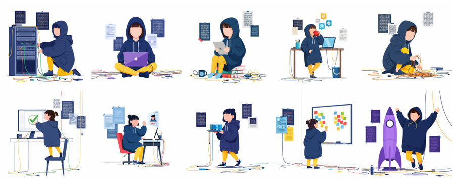 Set of vector illustrations featuring a child prodigy girl in a hoodie coding and managing complex technology systems.