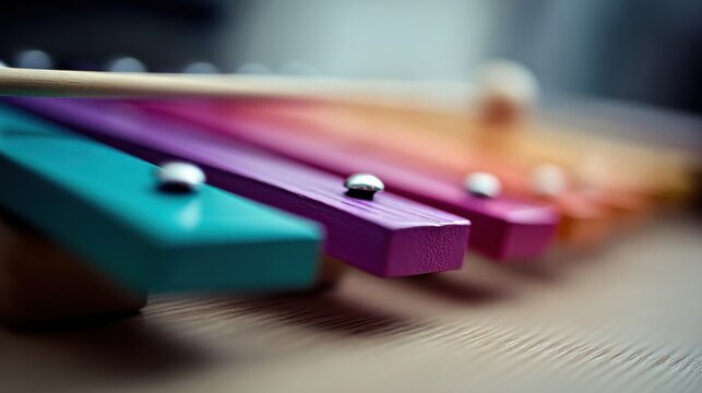 A colorful toy xylophone with a wooden stick.
