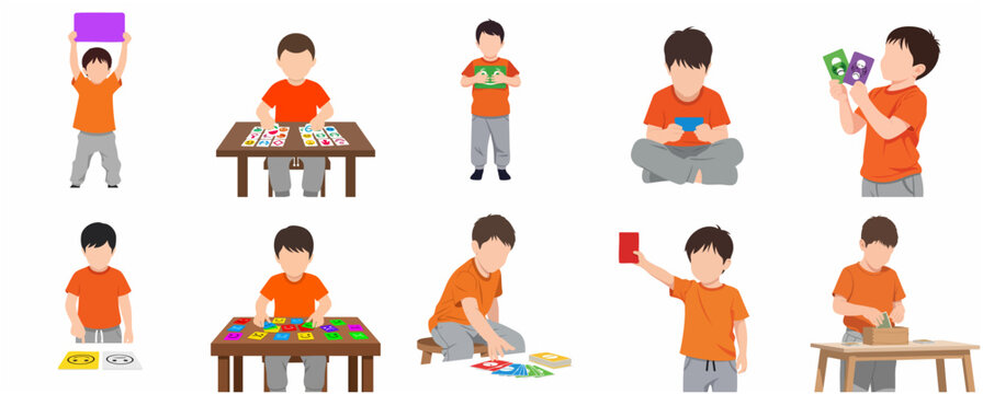 Little boy using emotion cards for social-emotional learning and autism therapy, set of child communicating feelings with flashcards illustration