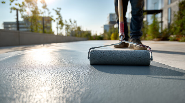 Construction worker applying protective floor coating with paint roller on modern residential terrace in sunny urban environment