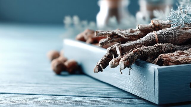 A wooden box filled with roots and nuts sits on a blue wooden table.