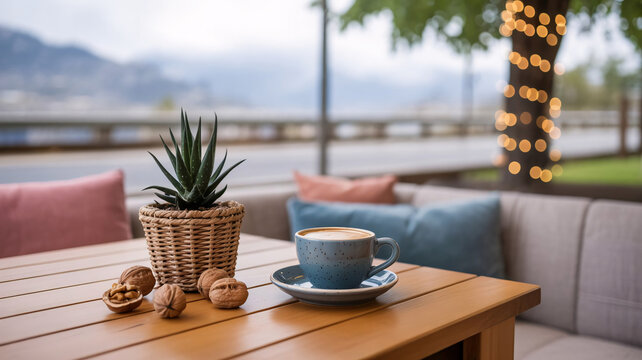 Outdoor patio furniture, wooden table with coffee cup, plant and cushions, serene mountain view