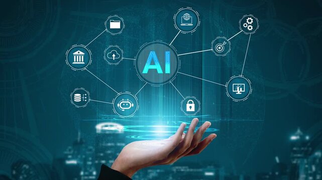 Digital hand showcasing AI technology connections with various icons representing data, cloud, security, automation, and finance on futuristic background Gluon.