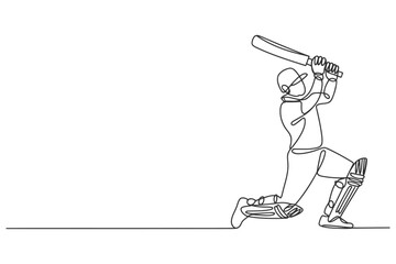 Continuous line drawing of a cricket player swinging the bat to hit the ball on a white background with line art black and white team sport summer sport activity competition athletic minimalist © Stockxy