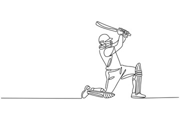 Continuous line drawing of a cricket player executing a batting stroke during an intense game with line art black and white team sport summer sport activity competition athletic professional © Stockxy