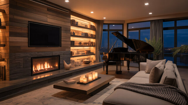 Modern living room, cozy interior, fireplace, evening ambiance, home decor