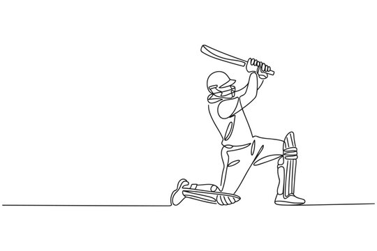 Continuous line drawing of a cricket player executing a batting stroke during an intense game with line art black and white team sport summer sport activity competition athletic professional