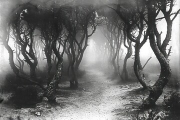 Fototapeta premium Scary forest tree fog vegetation.
