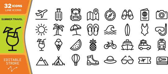 Naklejka premium Set of 32 outline for summer travel, including luggage, landmarks, and activities suitcase backpack airplane