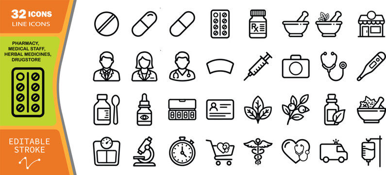 32 flat set, pharmacy, medical, healthcare, and drugstore symbols, editable stroke
