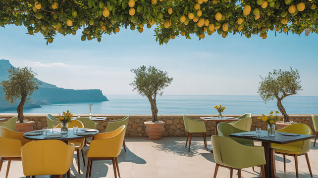 outdoor restaurant, patio dining, sea view, mediterranean decor, lemon tree