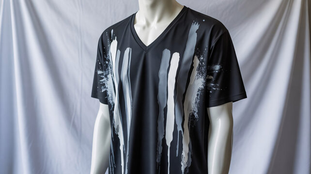Black, gray, paint-splattered t-shirt, abstract design, fashion clothing