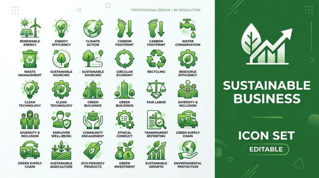 Sustainable business infographic icon set for eco-friendly practices and green growth strategy