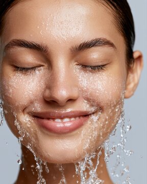 Close-up of smiling woman washing face with water splash, skincare beauty routine, fresh clean aesthetic