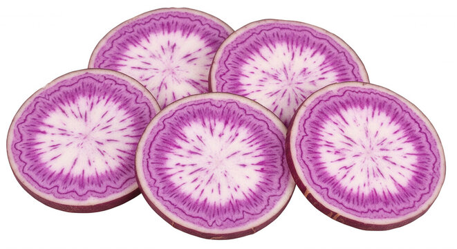 Five overlapping slices of raw purple daikon radish with white centers and vibrant violet concentric ring patterns on a black background