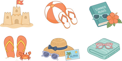 Summer Beach Vacation Icon Set with Sandcastle Flip Flops Ball Book Straw Hat Towel and Sunglasses Vector Illustration for Tropical Holiday Travel Designs © Garun Creative