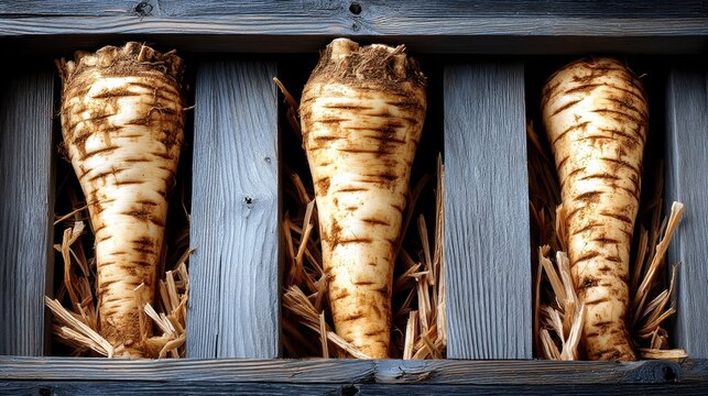 Three root vegetables in a wooden crate.