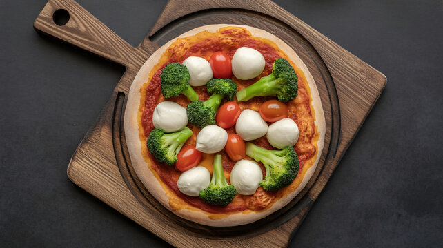 Delicious homemade pizza, mozzarella broccoli tomatoes, wooden board, gourmet food, culinary delight
